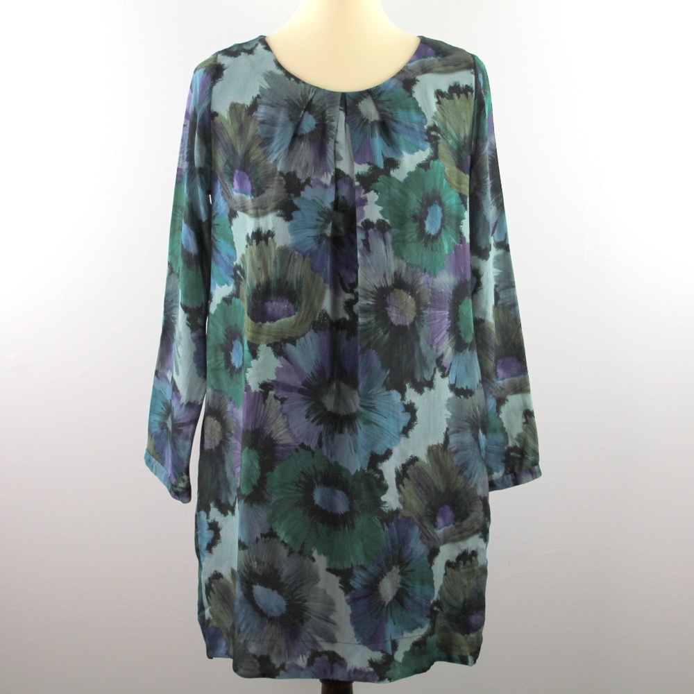 Anthropologie Attod"Ame Silk Blend Teal Blue Floral Shift Mini Dress 4